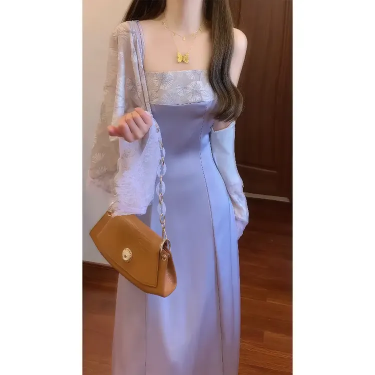 新中式国风提花紫色吊带连衣裙气质长裙蕾丝拼防晒空调开衫两件套