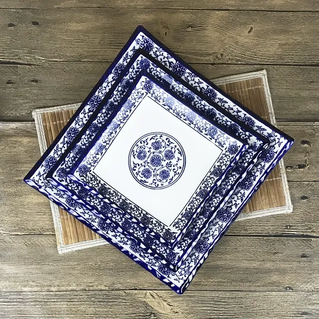 陶瓷盘子老式釉下彩青花瓷餐具四方形盘碟家用平盘正方碟子冷菜盘