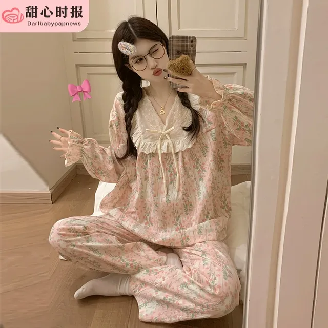 公主风睡衣女款春秋季云朵棉长袖甜美可爱套装2025新款家居服外穿