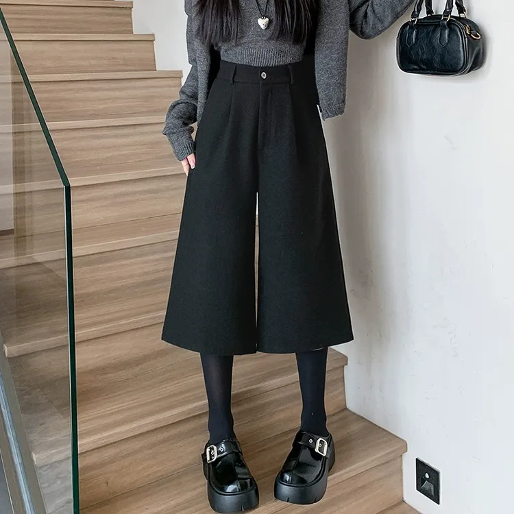 灰色毛呢直筒七分裤女秋冬2024新款加厚宽松显瘦小个子阔腿休闲裤