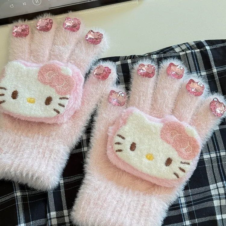 哈喽Kitty手套秋冬季骑行保暖防寒针织毛线冬天可爱毛绒五指TTT