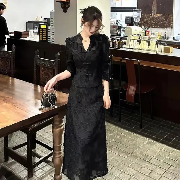 A245+A246新中式国风套装蕾丝盘扣衬衫上衣半身裙小香风两件套