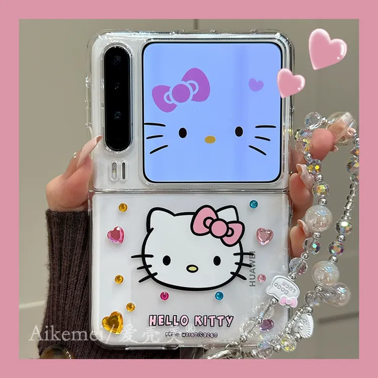 适用华为PuraX折叠屏手机壳pocket2透明Kitty猫novaFlip彩钻链条
