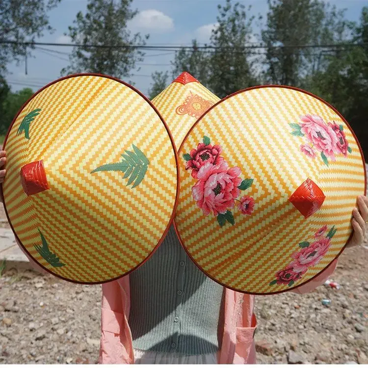 中国梦塑料遮阳防晒帽田园采茶帽子户外防雨斗笠夏季农民大檐草帽