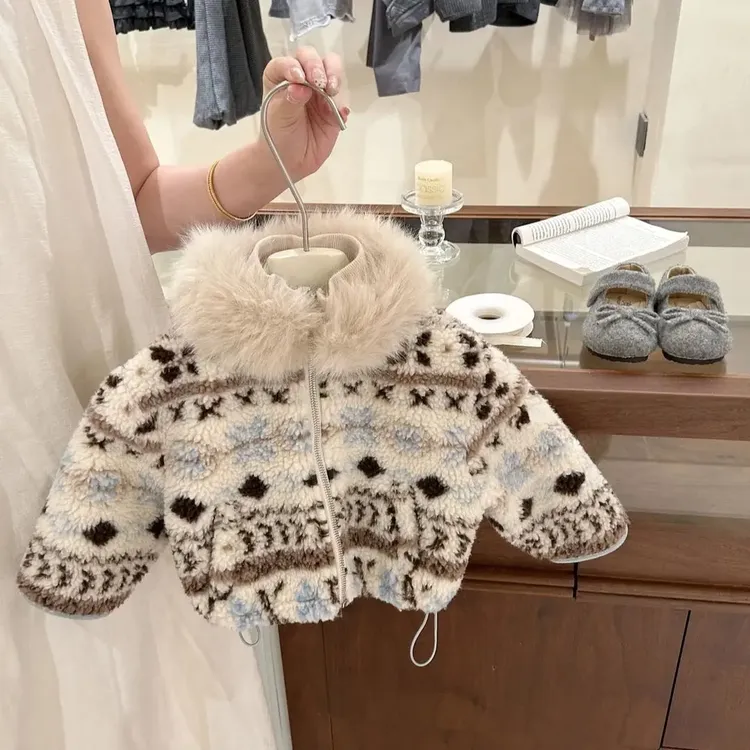 【送毛领】女童加绒加厚外套儿童衣服秋冬款宝宝费尔岛羊羔毛外套冬