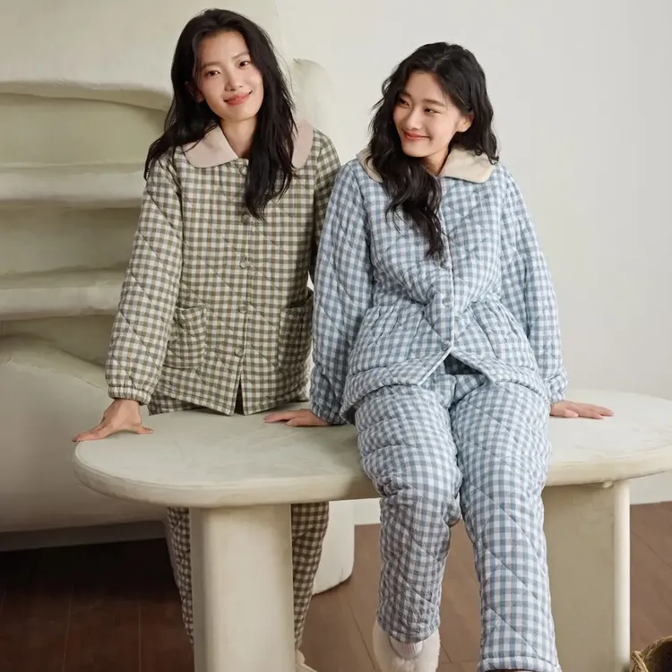 雪尔绵睡衣2025冬季女士梭织格子三层加厚夹棉保暖气质宽松家居服