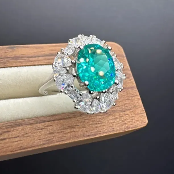 碧玺帕拉依巴蓝绿色轻奢风精工镶嵌满钻轻奢经典款开口戒