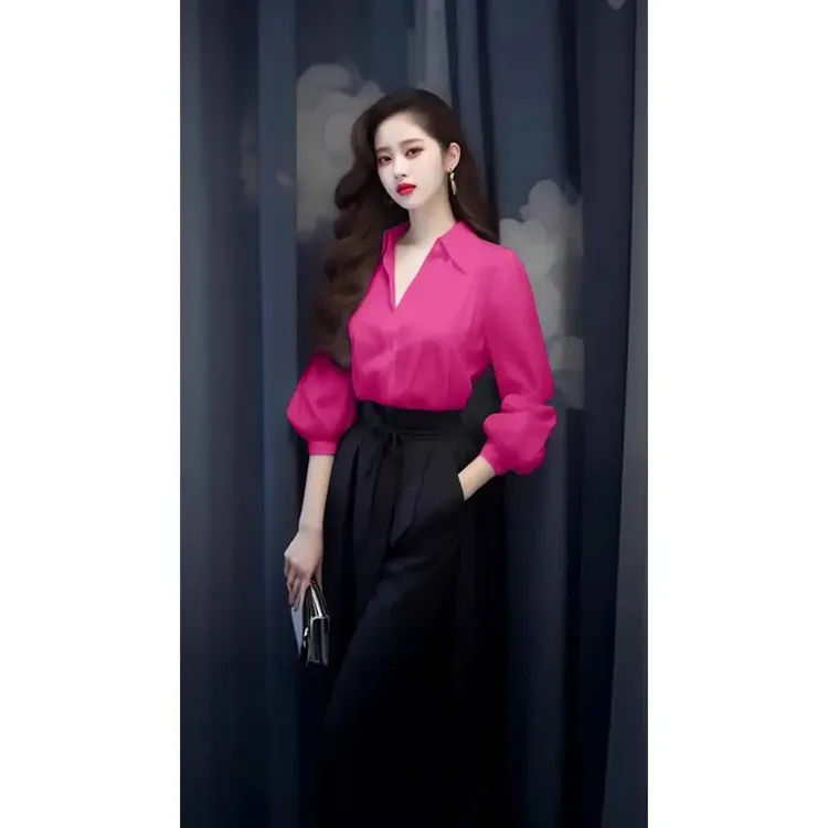 今年流行漂亮法式小众别致高级感玫红色长袖衬衫上衣裤子套装春季