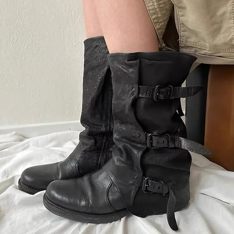 现货牛皮版~废土风皮带扣堆堆靴子女款做旧复古西部牛仔靴中筒靴