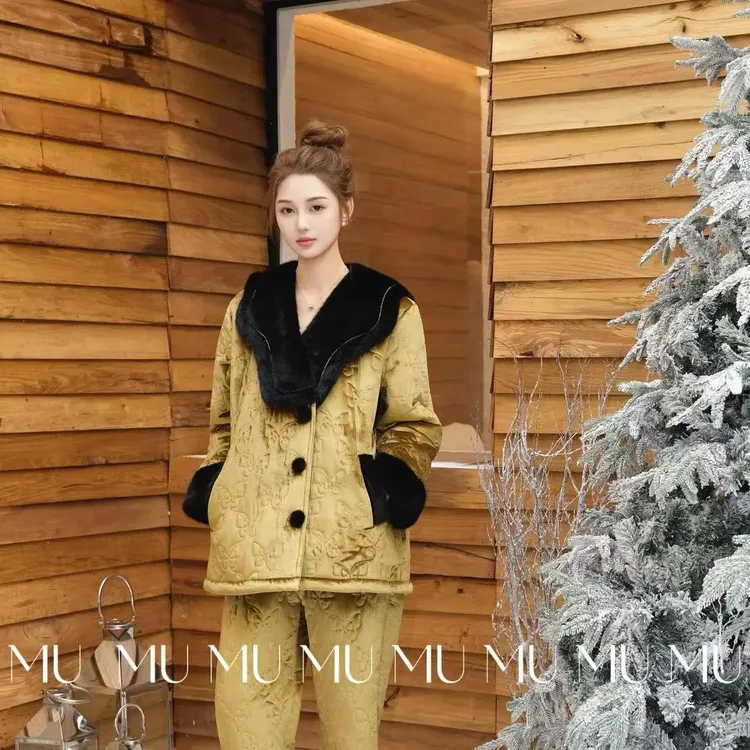 原木，暮色鎏金秋冬新款夹棉加厚保暖女士长袖睡衣时尚可外穿