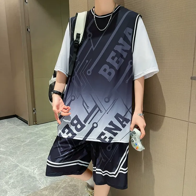 夏季冰丝速干篮球服男孩青少年初高中学生帅气短袖t恤五分裤套装