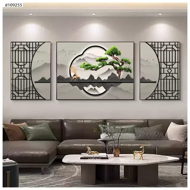 迎客松沙发背景墙画新中式装饰画茶桌大气山水画寓意好办公室挂画