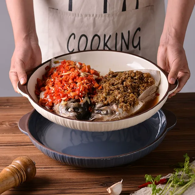 剁椒鱼头大盘鸡专用盘子蒸鱼盘家用深盘陶瓷双耳菜盘新款大号圆盘