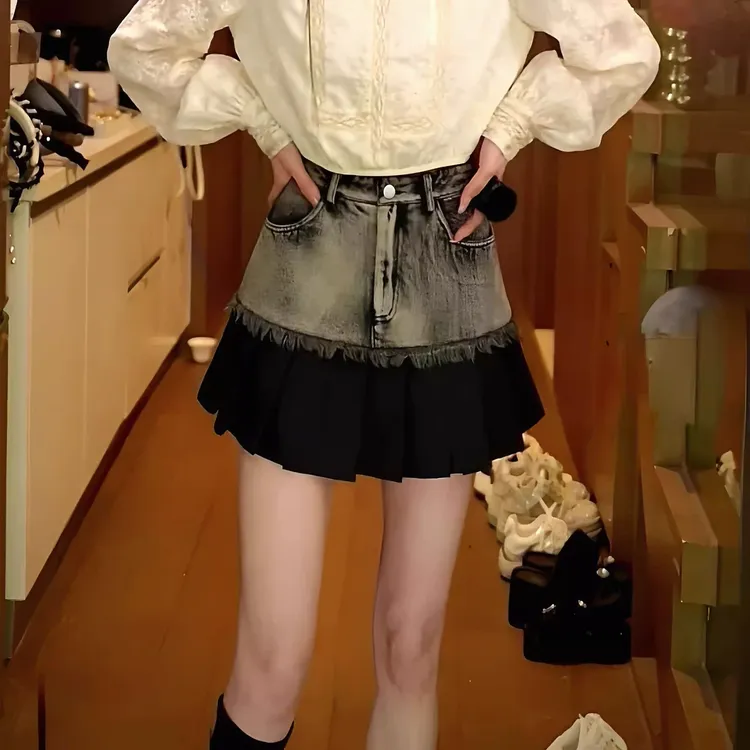 百褶裙2025复古春夏设计感高腰显瘦新款短裙拼接半身裙女字牛仔