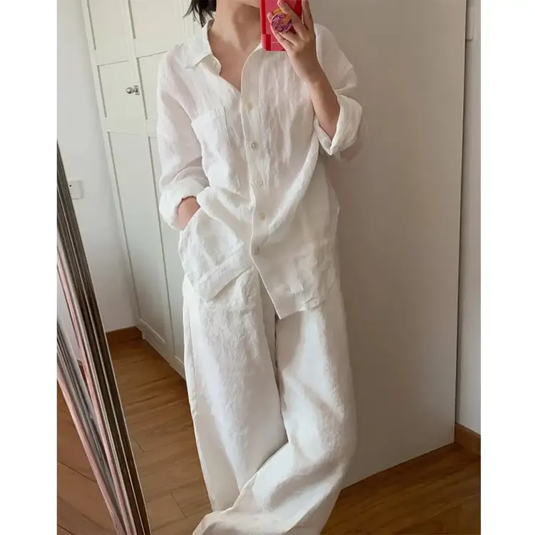 白色棉麻套装女2025夏新款简约休闲慵懒风百搭宽松衬衫长裤两件套