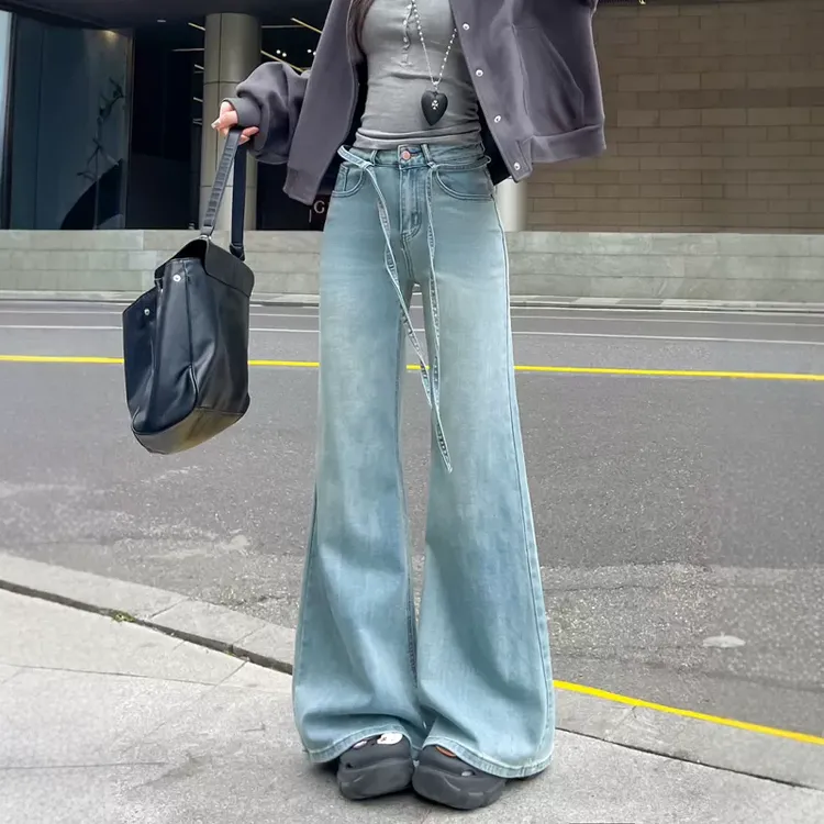浅蓝色绑带阔腿微喇牛仔裤女春季高腰不贴腿宽松显瘦喇叭拖地长裤