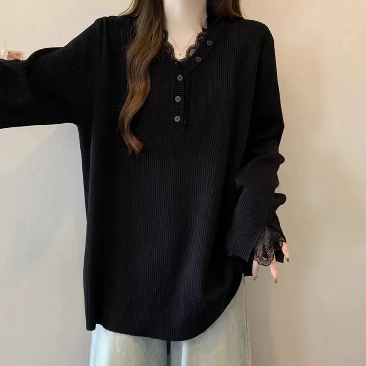 微胖妹妹大码高级感蕾丝V领长袖打底衫女内搭显瘦绝美针织上衣