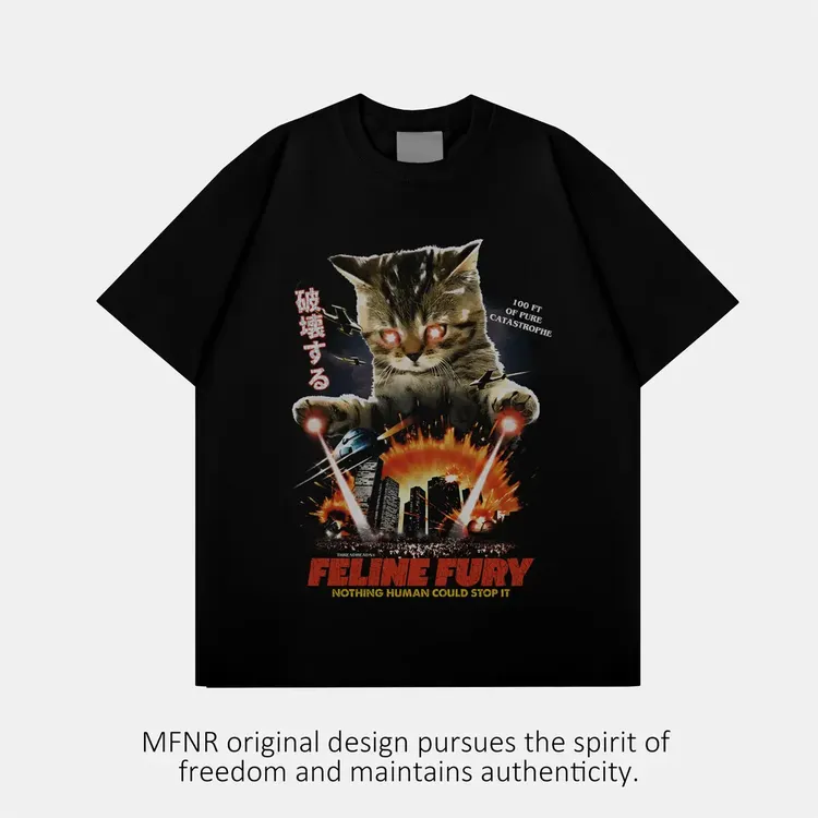 街头复古愤怒猫咪小众印花T恤男女夏季新款潮牌重磅纯棉短袖上衣
