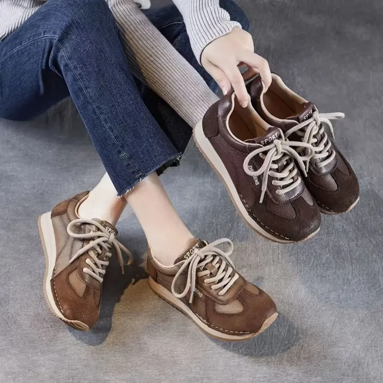 真皮复古德训鞋女鞋秋季新款阿甘鞋系带休闲鞋百搭运动软底舒适