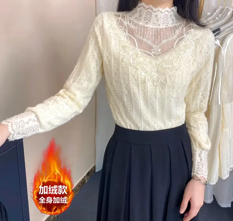 秋冬半高领加绒加厚蕾丝打底衫女时尚潮流百搭半高领遮肉显瘦上衣