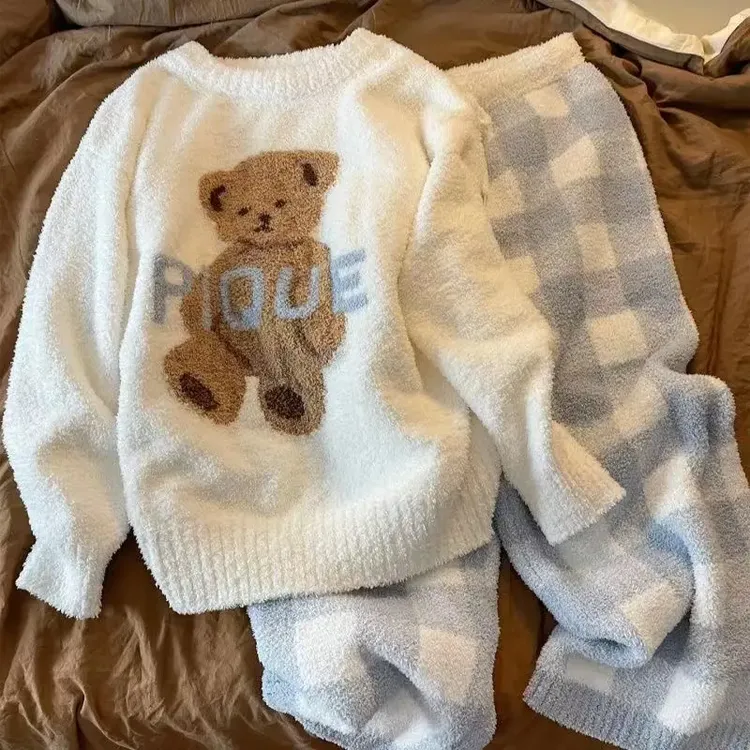 保暖秋冬季睡衣女家居服套装宽松韩版学生小熊加绒加厚圆领毛绒