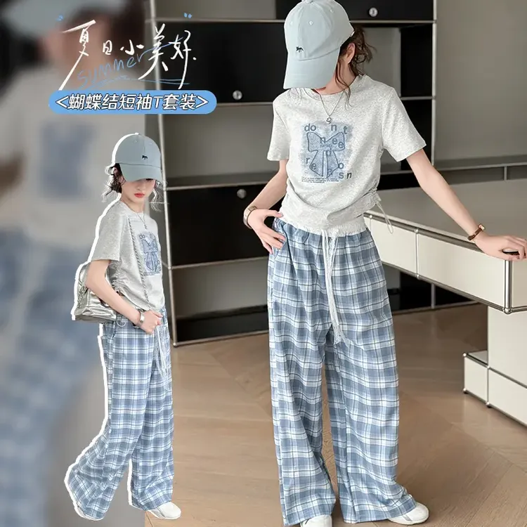 D女童夏季新款蝴蝶结刺绣短袖格子裤两件套中大童女孩洋气休闲套