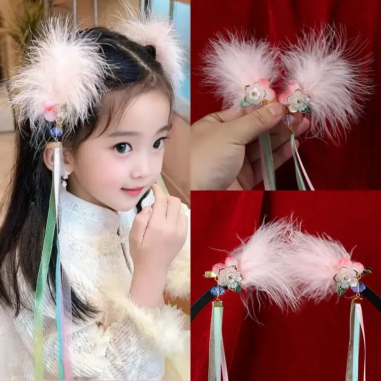 新年汉服头饰儿童古风发夹超仙流苏对夹宝宝可爱粉色羽毛飘带发卡