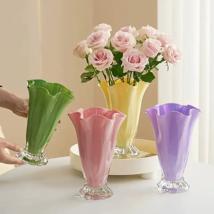 【绿色花瓣】高颜值彩色玻璃花瓶法式轻奢风客厅鲜花插花花器