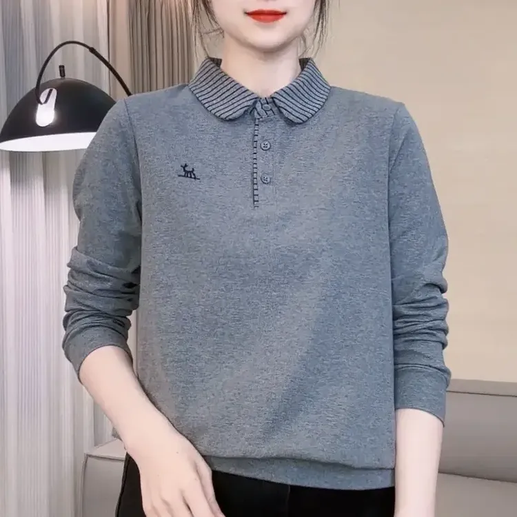 2025春秋新款拼色小圆领针织卫衣长袖洋气假两件翻领宽松休闲