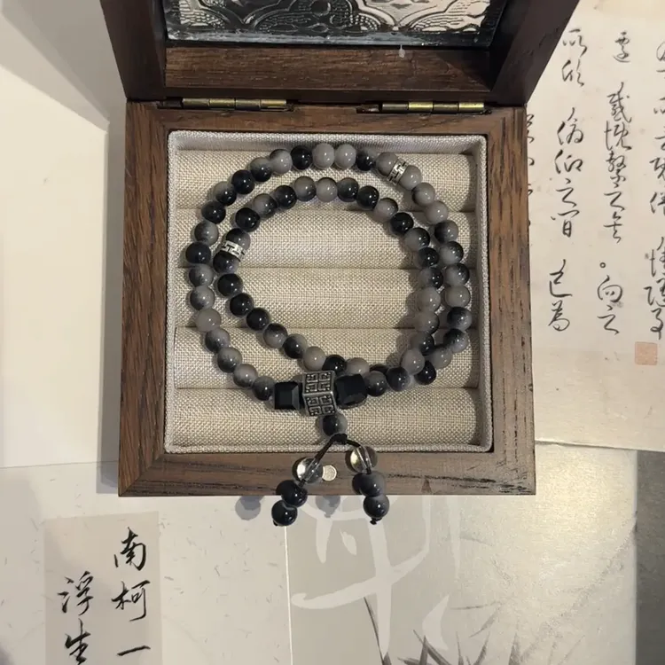 钛钢玻璃手链墨影双圈曜夜手工如墨琉璃珠黑色男女通用复古古风