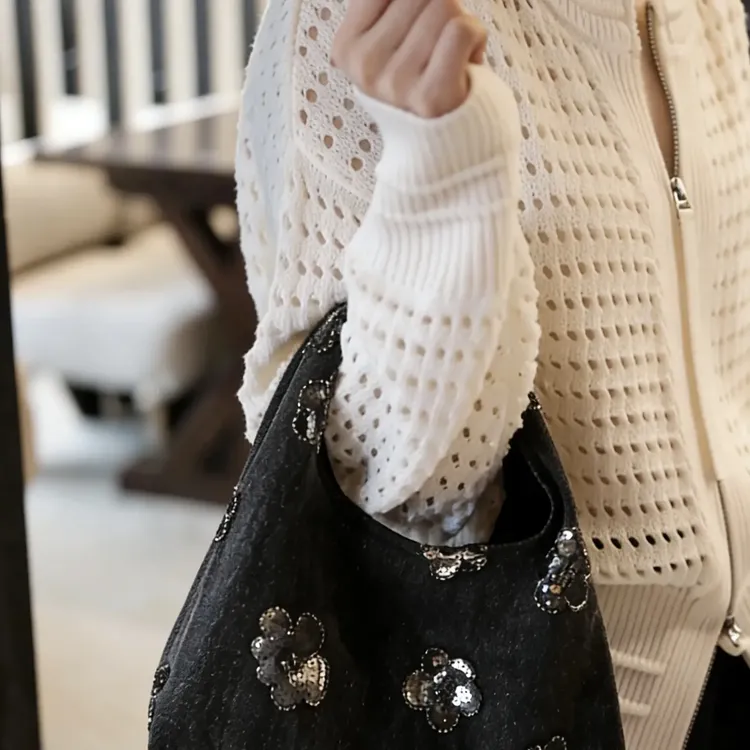 银花朵牛仔时尚帆布单肩腋下原创亮片绣花大容量包包网红百搭小众