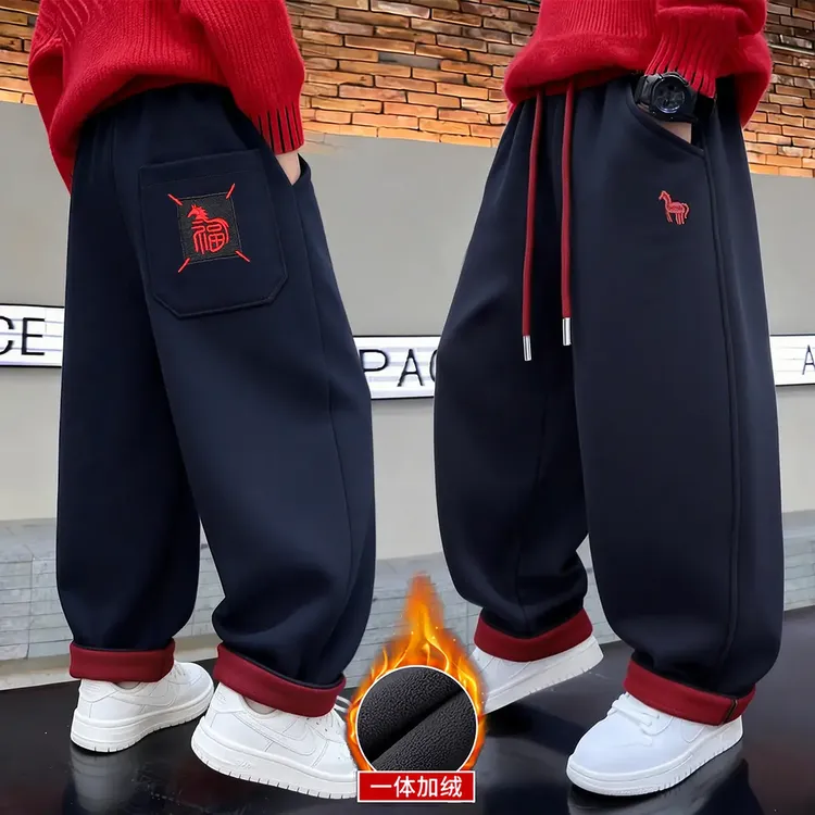 【新年战袍】冬季男女童加厚撞色后兜磨毛刺绣福马弯刀休闲弯刀裤商品图