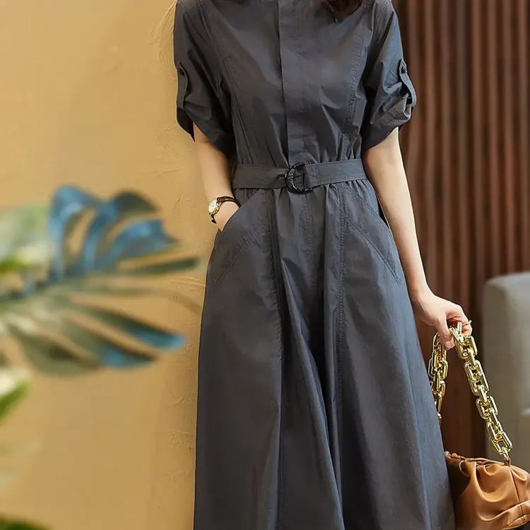 哥弟阿玛施正连衣裙设计感工装POLO领法式衬衫裙收腰知性风衣服
