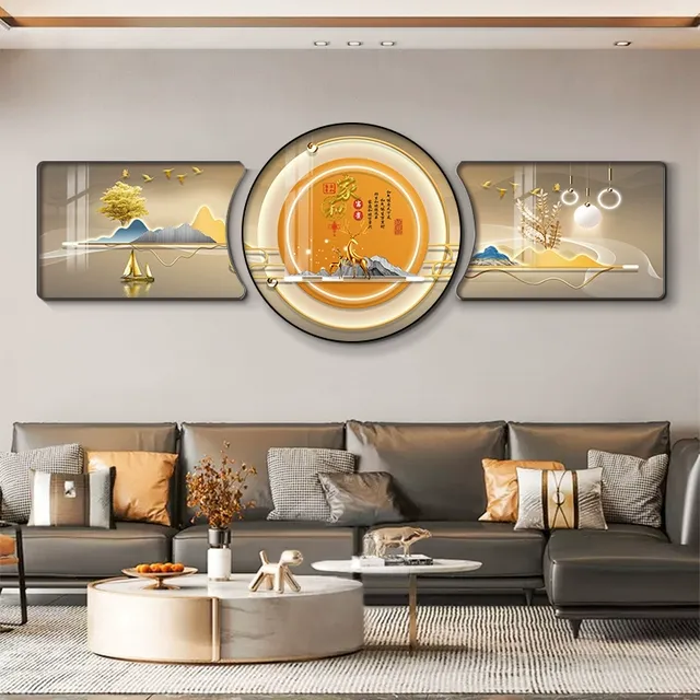 家和富贵客厅装饰画现代轻奢大气麋鹿沙发背景墙挂画高档三联壁画