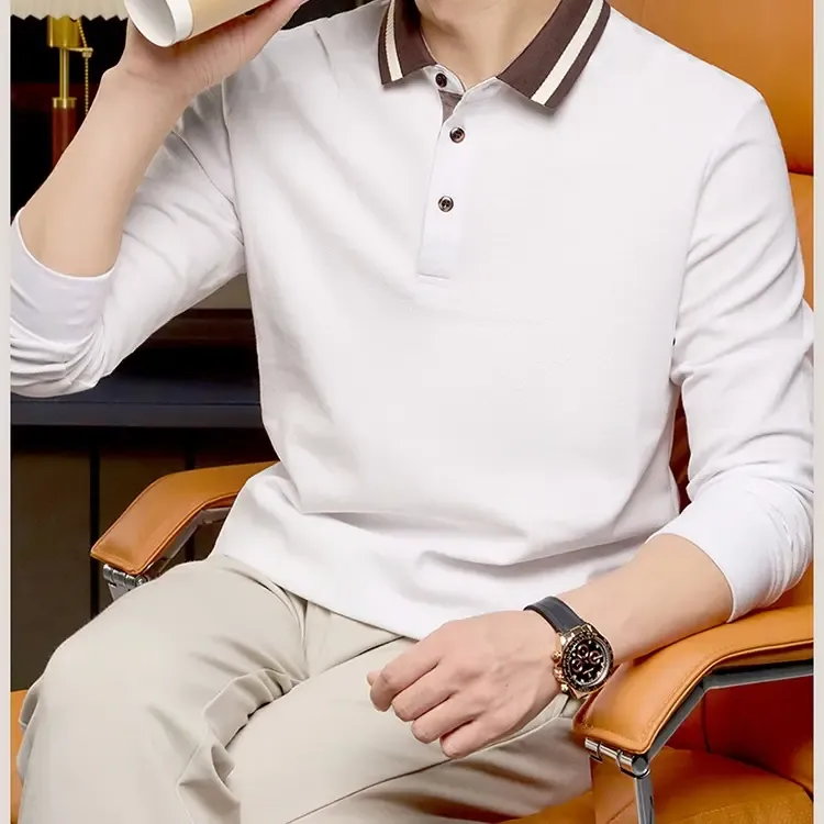 2025简约轻奢时尚Polo衫纯色宽松秋季男装百搭长袖商务高档休闲款
