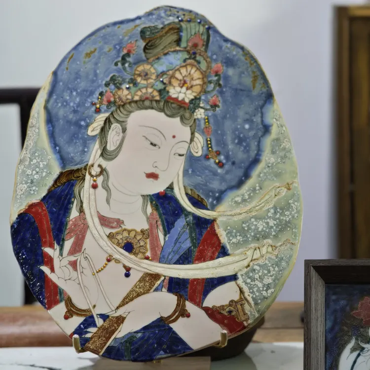 新款永乐宫壁画颜色釉瓷画普贤菩萨瓷板画