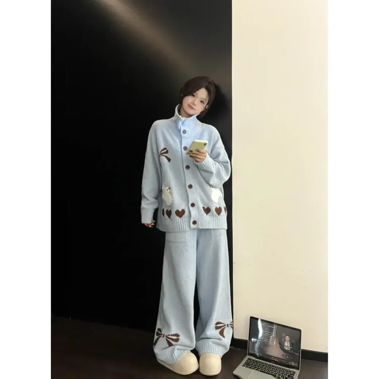 韩系慵懒感甜美卡通白鸽半边绒睡衣新款冬季宽松大码针织家居套装