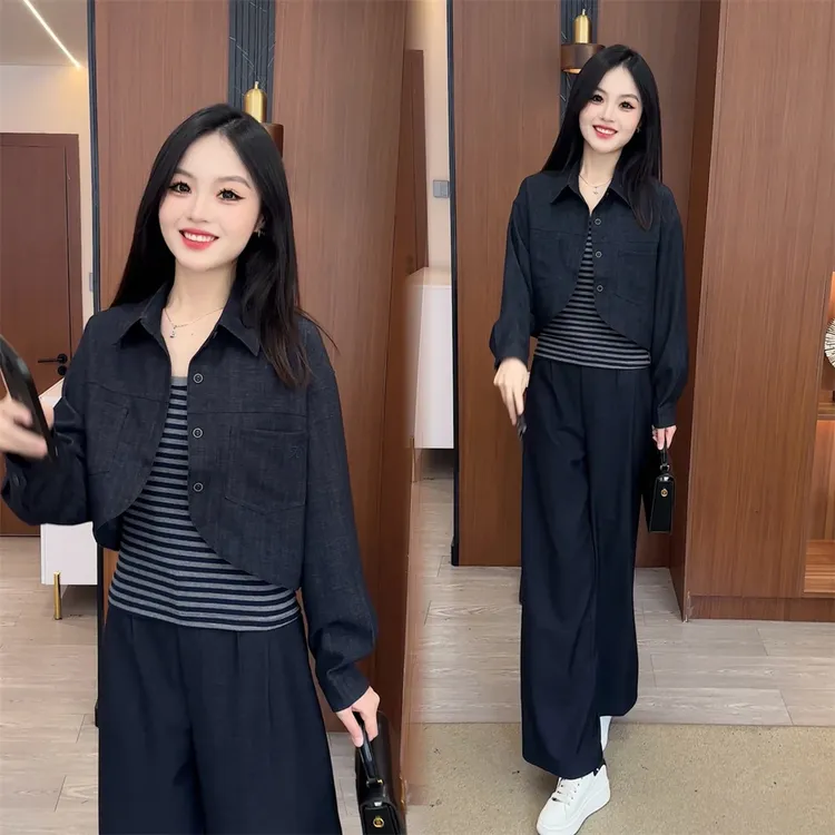 时尚牛仔套装女2025秋季新款洋气显瘦短外套条纹背心阔腿裤三件套