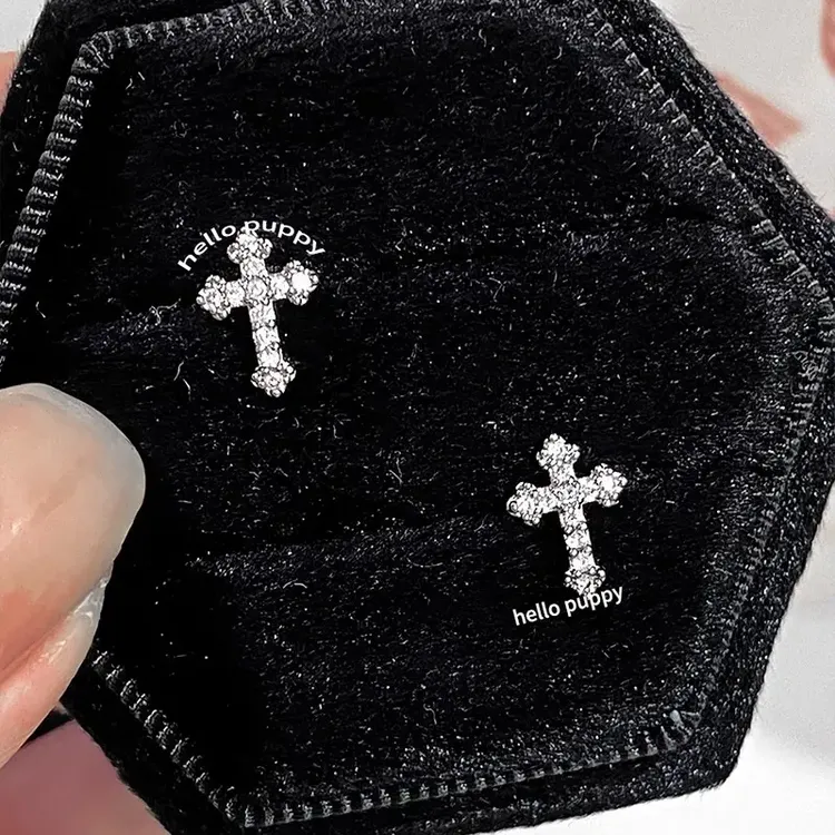 合金耳饰 镶钻十字架耳钉女耳骨钉0.8mm细针型甜美系睡觉免摘耳饰