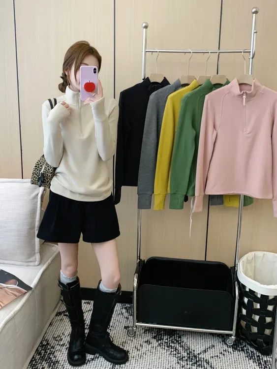 远红外发热锁温半拉链秋冬修身卫衣百搭立领显瘦德绒打底衫女上衣