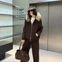 冬季复古连帽子毛领加绒拉链开衫外套设计感保暖套装