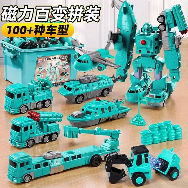 儿童小男孩汽车玩具3到6岁海陆空百变磁力机器人益智拼装生日礼物