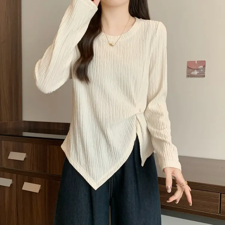 设计感独特不规则长袖女T恤秋季2025新款坑条微胖收腰打底上衣