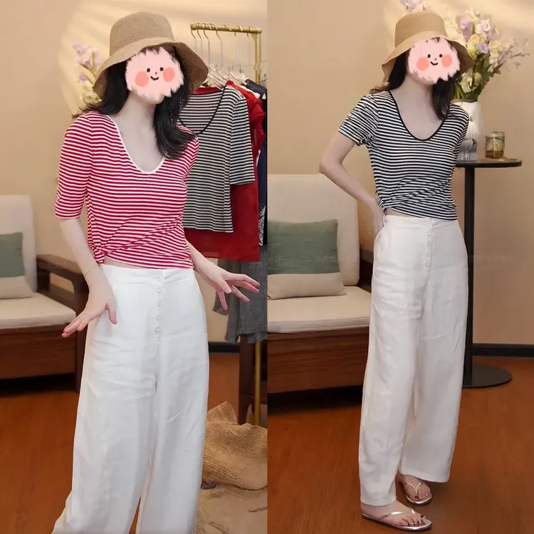 纯欲条纹V领正肩短袖T恤女2025年夏季新款设计感蕾丝拼接短款上衣