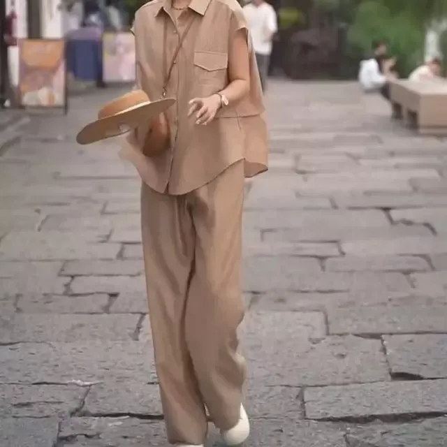 韩版短袖衬衫套装女2025夏新款时尚洋气显瘦减龄上衣阔腿裤两件套
