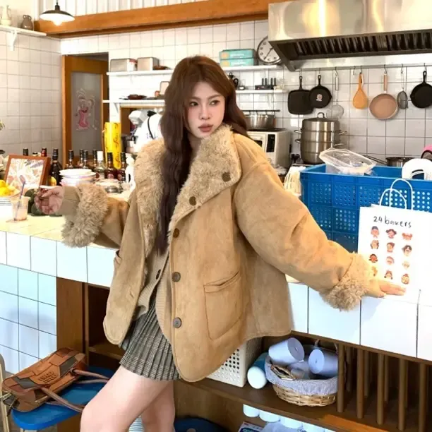 宅宅athome//伯爵奶茶 双面穿p毛一体外套立领羊羔毛保暖上衣