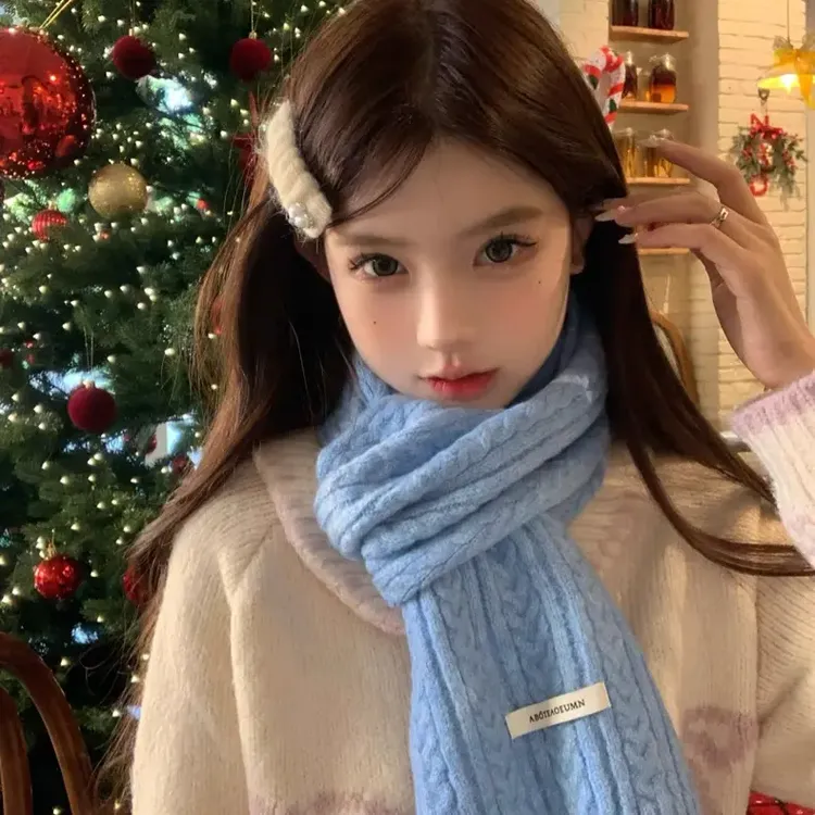 冰川蓝韩系氛围感含麻花针织围巾女秋冬季高级加厚保暖百搭围脖