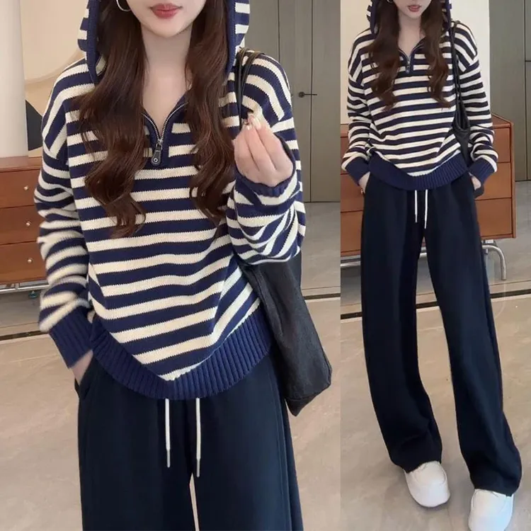 2025春秋新款连帽条纹针织衫女士宽松阔腿休闲裤时尚套装洋气女装