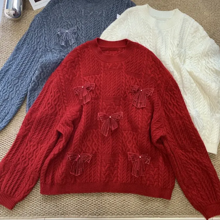 秋冬韩系蝴蝶结设计加厚针织套头毛衣女时尚百搭上衣