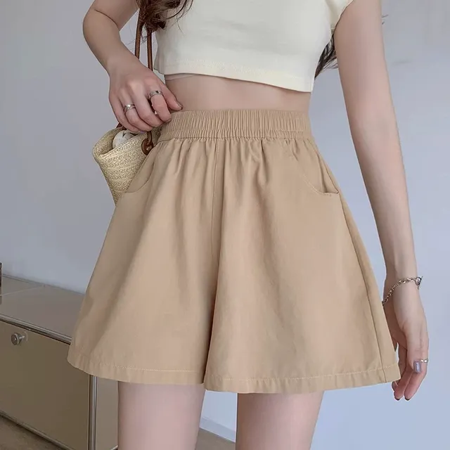 卡其色棉工装短裤女夏季薄款高腰垂感小个子宽松显瘦a字阔腿裤